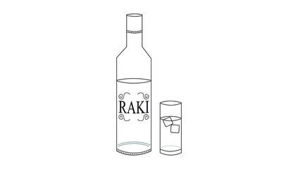 illustration of a bottle of raki that is a turkish alcoholic drink and a glass with water and some ice in it