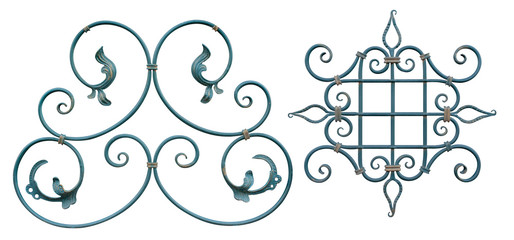 forged element of steel covered with turquoise paint with curls, bends and plant elements for gates...
