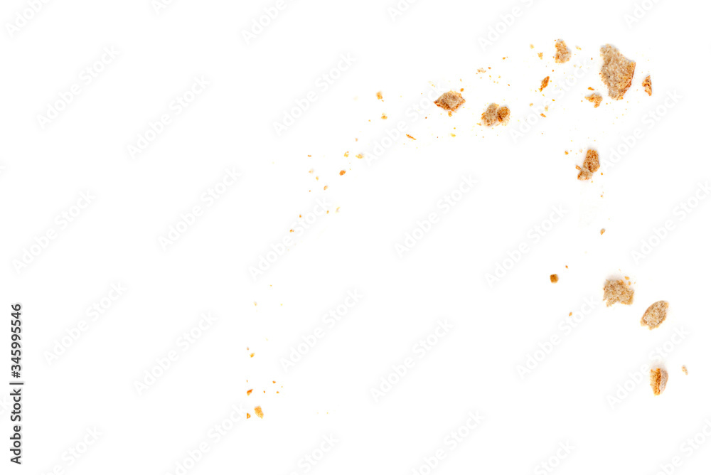 Wall mural bread slices and crumbs isolated on white background. top view.