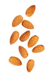 Flying Almond nuts  isolated  on white background. Raw Almonds Collection. Top view. Flat lay.