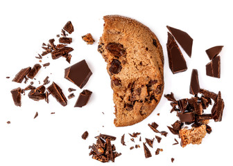 Chocolate butter  chip cookie isolated on white background.  Cookies broken in pieces with crumbs close up. Top view