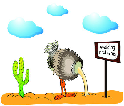 Illustration of an ostrich head in the sand with an inscription on a banner avoiding problems. Cartoon funny.