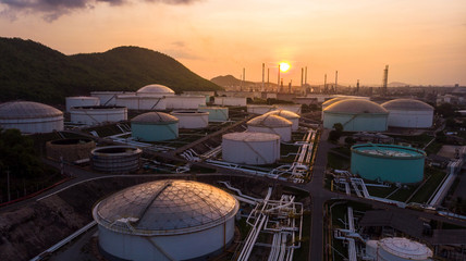 Aerial view of A lot of Oil depot Gas storage tank for send follow pipe to oil refinery tower on...