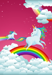 couple unicorns on rainbow fantasy
