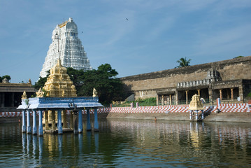 view of temple pond with mandapams and gopurams inside varatharajaperumal temple also known as athivarathar temple in kanjipuram tamilnadu india