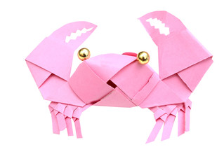 A pink crab origami: paper crab isolated white