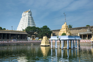 view of temple pond with mandapams and gopurams inside varatharajaperumal temple also known as athivarathar temple in kanjipuram tamilnadu india