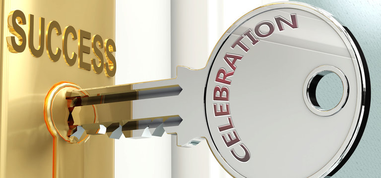 Celebration and success - pictured as word Celebration on a key, to symbolize that Celebration helps achieving success and prosperity in life and business, 3d illustration