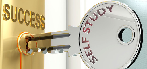 Self study and success - pictured as word Self study on a key, to symbolize that Self study helps achieving success and prosperity in life and business, 3d illustration