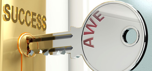 Awe and success - pictured as word Awe on a key, to symbolize that Awe helps achieving success and prosperity in life and business, 3d illustration