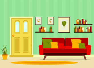 hall nterior with doors and furniture, flat vector illustration
