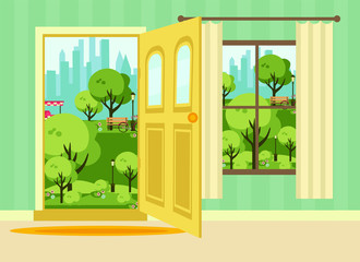 open doors with summer landscape. flat vector illustration