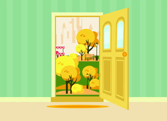 Obraz na płótnie Canvas open door with autumn landscape. flat vector illustration