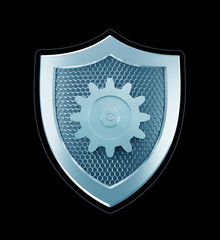 Technical Security. Single metallic gear attached to center of a metallic shield which is isolated on black background. 3D-rendering graphics on the theme of 'Cybersecurity'.