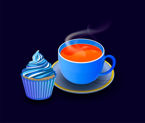 A Cup of hot tea in a small blue mug. Sweet muffin with blue cream frosting. Vector illustration for signage, web pages, and menus. Realistic icons.