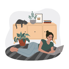 Young girl working at home on laptop, quarantine, cozy Scandinavian interior. Flat style illustration, isolated background. 