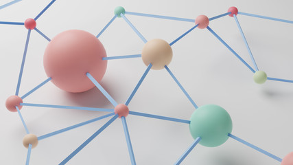 3D Rendering. Circles and Lines connected forming graphs. Pastel palette
