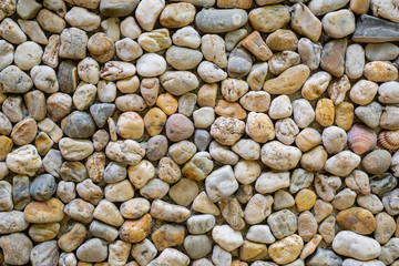 Horizontal color image with a front view of a texture of a wall made of sea stones