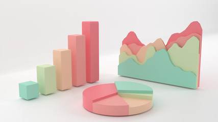 3D graph. Group of business bar, pie and ramp charts. Pastel palette