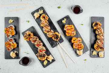 Fish and meat meals variety of food flat lay. Top view on food table with an assortment of healthy food