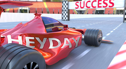 Naklejka premium Heyday and success - pictured as word Heyday and a f1 car, to symbolize that Heyday can help achieving success and prosperity in life and business, 3d illustration