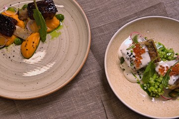 Stewed rib of a bull in  sous-vide with mashed pumpkin
