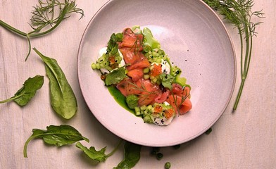 
Light salmon salad with cheese, wasabi and red caviar