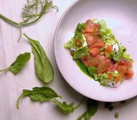 
Light salmon salad with cheese, wasabi and red caviar