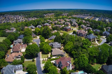 Panoramic aerial view of a beautiful subdivision in an upscale neighborhood in Georgia, USA