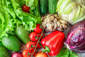 vegetables healthy eating, raw organic Assortment fresh fruits food Menu concept. background top view copy space for text, keto or paleo diet
