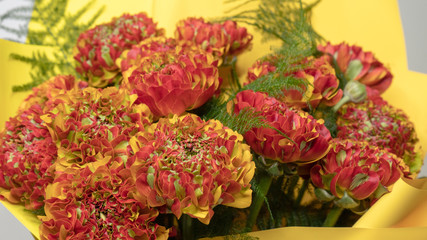 Beautiful red and organe ranunculus flower bouquet. Floral arrangement close-up macro shot. 