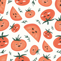 Fresh red tomatoes vector illustrations. Seamless pattern background. hand draw cartoon Scandinavian nordic design style for fashion or interior or cover or textile.