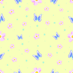 Seamless pattern with flowers and butterflies. summer soft colors for background, wrapping paper, fabric, Wallpaper, etc