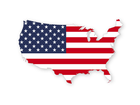 Map of the USA with the national flag of United States of America isolated on white background.