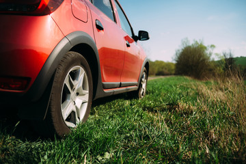 red car is staying on the grass