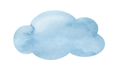Light blue fluffy cload. One single object. Sign of rain, cloudy weather, dream, religion, invisibility. Handdrawn watercolour drawing on white, cutout clip art element for design, print, banner.