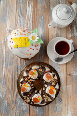 An assortment of orthodox easter cakes, traditional russian easter cakes on wooden table on wooden table, top view