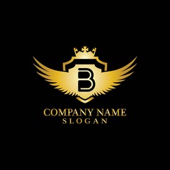 Obraz premium Letter B Shield, Wing and Crown gold in elegant style with black background for Business Logo Template Design, Emblem, Design concept, Creative Symbol, Icon