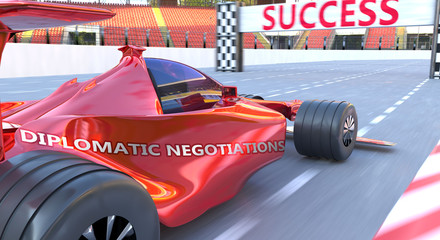 Diplomatic negotiations and success - pictured as word Diplomatic negotiations and a f1 car, to symbolize that Diplomatic negotiations can help achieving success in life, 3d illustration