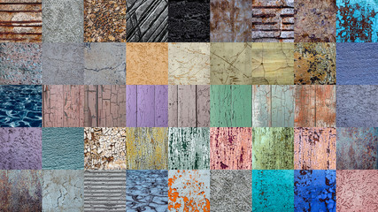 Set of cracked concrete, wooden planks, rusted metal, rope, fabric, brick texture.