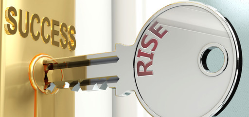 Rise and success - pictured as word Rise on a key, to symbolize that Rise helps achieving success and prosperity in life and business, 3d illustration