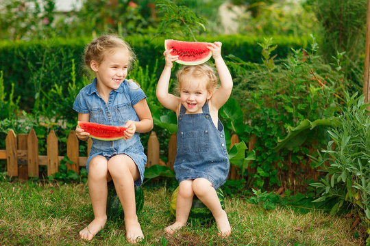 Little girls sit on watermelon and keep pieces 