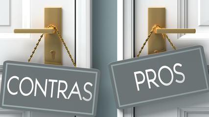 pros or contras as a choice in life - pictured as words contras, pros on doors to show that contras and pros are different options to choose from, 3d illustration - obrazy, fototapety, plakaty