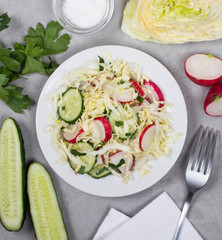 Vegan salad with fresh vegetables cabbage, radishes, cucumbers and parsley on a plate on a light gray background top view