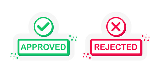 Two buttons on white background. Approve and Rejected. Red and green. Thumbs up and thumbs down. Vector