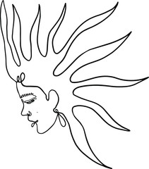 Sun with face stylized as engraving. Female beginning. Can be used as print for T-shirts and bags, cards, decor element. Vector astrology symbol. For cards, posters, stickers  and professional design.