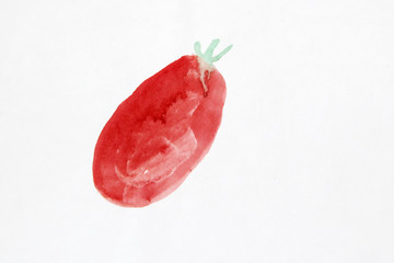 Children drawing with red tomato on white background. Artwork with drawing