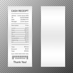 Receipts of realistic payment paper bills for cash or credit card transaction on transparent background. Vector