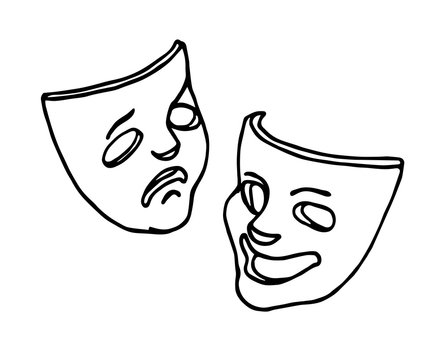 theatrical masks of Comedy and tragedy, symbols of joke, fun, drama, sadness, vector illustration with black ink contour lines in hand drawn style isolated on white background