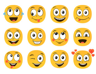 Fototapeta premium Fun smile emoticons faces. Set of emoji. Flat style illustration